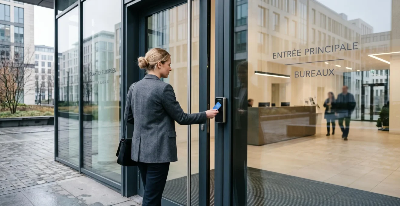 Employé scannant son badge RFID professionnel sur un lecteur d'accès moderne à l'entrée d'un immeuble de bureaux belge