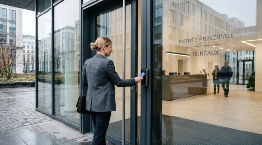 Employé scannant son badge RFID professionnel sur un lecteur d'accès moderne à l'entrée d'un immeuble de bureaux belge