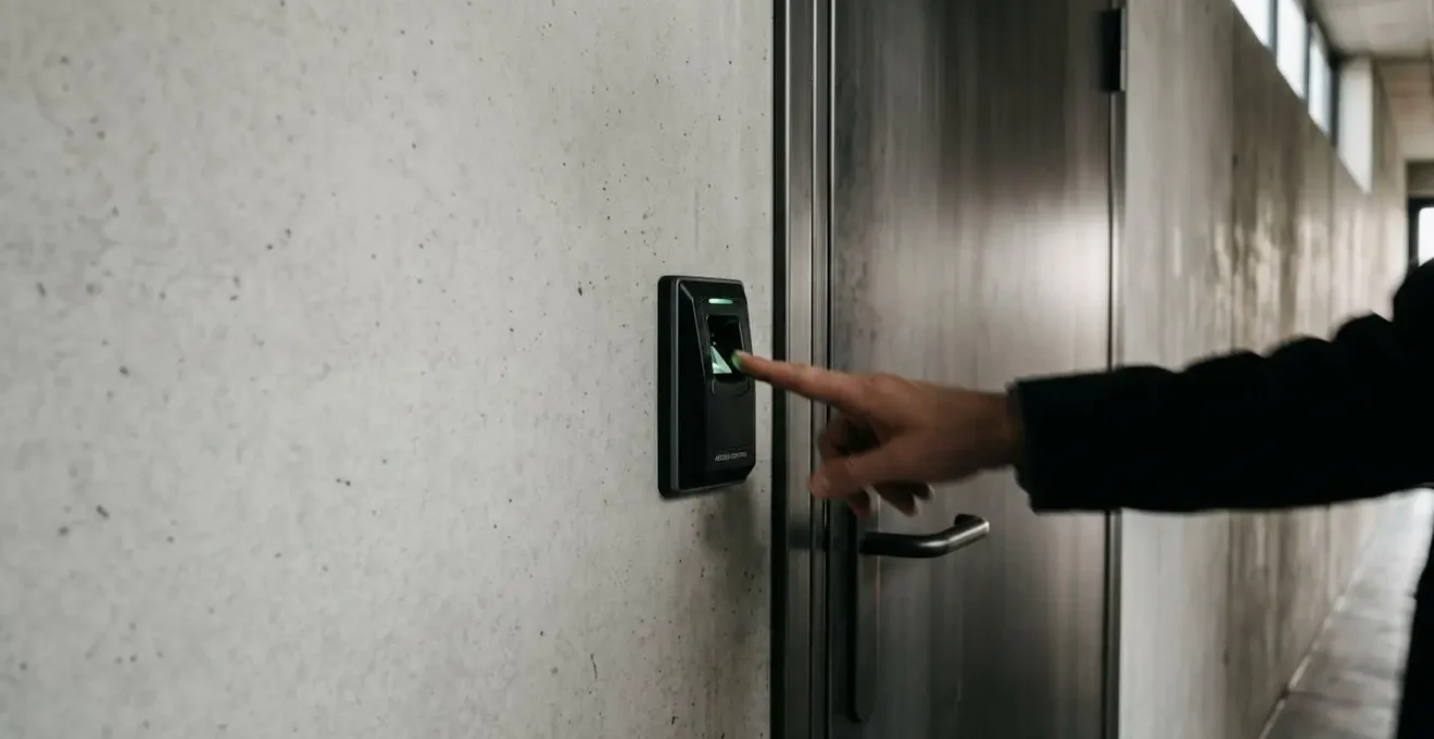 Lecteur biométrique d'empreintes digitales moderne installé à l'entrée d'une zone sécurisée